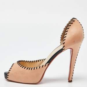 Pre Owned Christian Louboutin Blush Pink Leather Whipstitch Detail Peep Toe D'Orsay Pumps Size 40.5