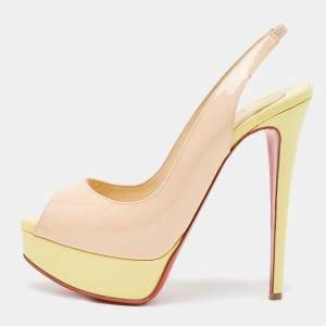 Christian Louboutin Beige/Yellow Patent Leather Lady Peep Slingback Pumps Size 36.5