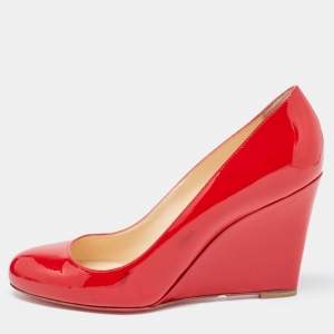 Pre Owned Christian Louboutin Red Patent Leather Ron Ron Wedge Pumps Size 38.5