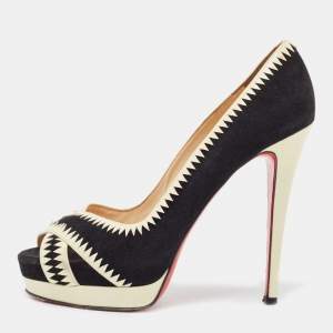 Pre Owned Christian Louboutin Black/Cream Patent and Suede Peep Toe Pumps Size 40