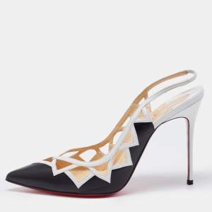 Pre Owned Christian Louboutin Black/White Leather Stellare Triangular Cut-Out Slingback Pumps Size 38.5
