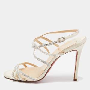 Christian Louboutin Cream Satin Crystal Embellished Ankle Strap Sandals Size 37
