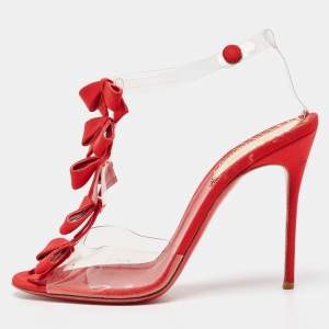 Christian Louboutin Red/Transparent Fabric and PVC Bow Bow Ankle Strap Sandals Size 39