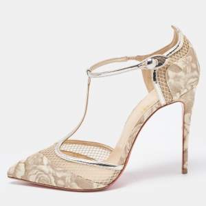 Pre Owned Christian Louboutin Beige Patent and Mesh Mrs.Early  Pumps Size 38.5
