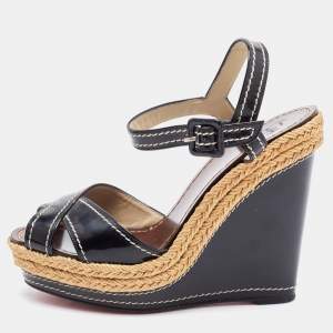 Christian Louboutin Black Patent Leather Almeria Wedge Sandals Size 38