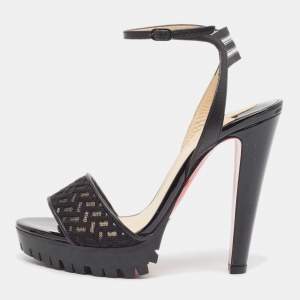 Christian Louboutin Black Leather and Lace Volumetric Ankle Strap Sandals Size 35