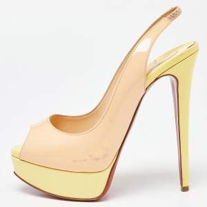 Christian Louboutin Beige/Yellow Patent Leather Lady Peep Slingback Pumps Size 36