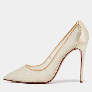 Pre Owned Christian Louboutin Off White Satin and Lace Follies Pumps Size 38.5