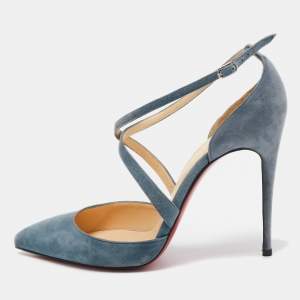 Christian Louboutin Blue Suede Ankle Strap Pumps Size 38