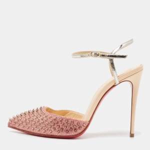 Christian Louboutin Pink/Silver Lurex Fabric and Leather Baila Spike Ankle Strap Pumps Size 36