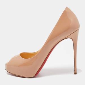 Pre Owned Christian Louboutin Beige Patent Very Prive Peep Toe Pumps Size 39.5