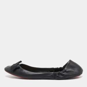 Pre Owned Christian Louboutin Black Leather Air Loubi Scrunch Ballet Flats Size 37.5