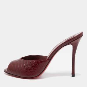 Christian Louboutin Burgundy Lizard Embossed Leather Me Dolly Slide Sandals Size 38.5