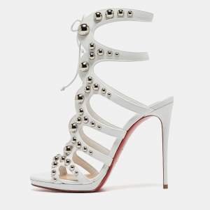 Christian Louboutin White Leather Studded Amazoubille Lace Up Sandals Size 39.5