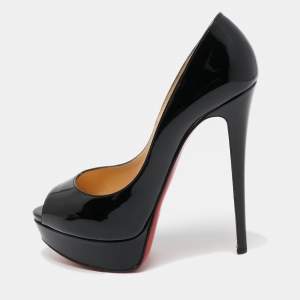 Christian Louboutin Black Patent Leather Lady Peep Pumps Size 38.5