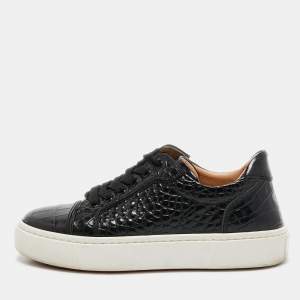 Pre Owned Christian Louboutin Black Croc Embossed Leather  Vierissima Low Top Sneakers Size 36