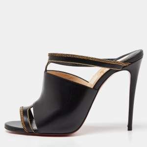Christian Louboutin Black Leather Chain Embellished Akenana Sandals Size 38