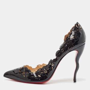 Christian Louboutin Black Patent Leather Floral Laser Cut D'Orsay Pumps Size 40