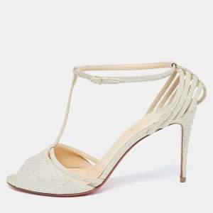 Christian Louboutin Light Gold Glitter Peep Toe T-Bar Ankle Strap Sandals Size 39