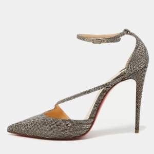 Pre Owned Christian Louboutin Dull Gold Glitter Peep-Toe T-Bar Pumps Size 39