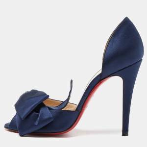 Pre Owned Christian Louboutin Blue Satin Bow T Dorcet Peep Toe Pumps Size 38