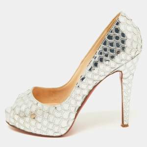 Christian Louboutin Silver Scaled Sequins and Leather Poseidon Pumps Size 38