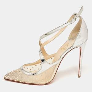 Christian Louboutin Silver Leather and Mesh Twistissima Strass Pumps Size 40.5