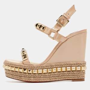 Christian Louboutin Beige Patent Leather Pyraclou Wedge Sandals Size 35
