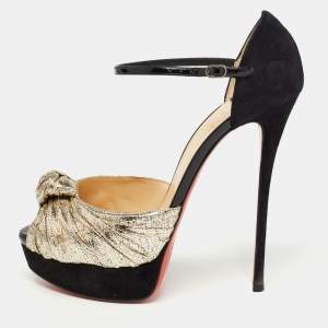 Christian Louboutin Gold/Black Suede and Leather Ankle Strap Louboutin Sandals Size 40