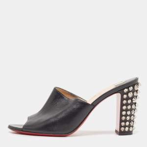 Christian Louboutin Black Leather Spikes Block Heel Slide Sandals Size 37.5