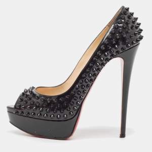 مملوكة مسبقًا Christian Louboutin Black Patent Leather Lady Peep Spikes Pumps Size 39