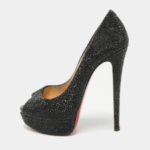 Christian Louboutin Black Crystal Embellished Lady Peep Toe Pumps Size  38.5