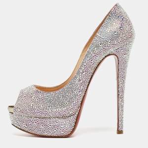 Christian Louboutin Silver Crystal Embellished Very Riche Pumps Size 38