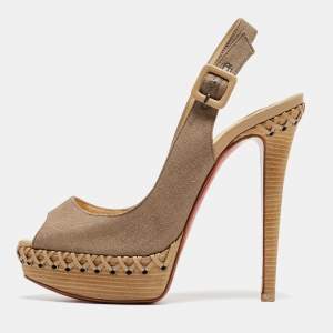Christian Louboutin Grey Canvas Lady Indiana Slingback Sandals Size 35