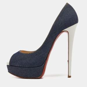 مملوكة مسبقًا Christian Louboutin Blue Denim Lady Peep Pumps Size 38.5