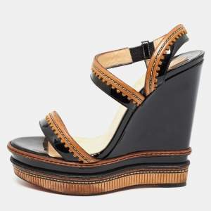Pre Owned Christian Louboutin Black/Brown Patent and Leather Trepi Wedge Sandals Size 40