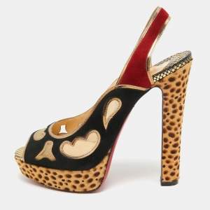 Christian Louboutin Multicolor Calf Hair and Suede Slingback Peep Toe Pumps Size 41     