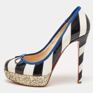 Christian Louboutin White/Black Striped Leather and Patent Foraine Pumps Size 39