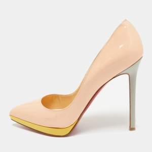 Christian Louboutin Peach Pink Patent Leather Pigalle Plato Pumps Size 38.5