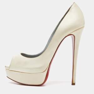 مملوكة مسبقًا Christian Louboutin Cream Satin Lady Peep Toe Platform Pumps Size 37