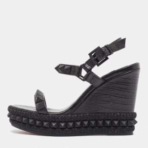 Christian Louboutin Black Embossed Lizard Pyraclou Wedge Sandals Size 35