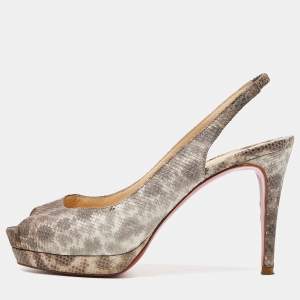 Christian Louboutin Brown Karung Peep Toe Slingback Pumps Size 37.5