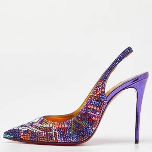 Pre Owned Christian Louboutin Multicolor Suede and Crystal Embellished Slingback Pumps Size 37.5