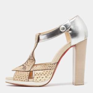 Christian Louboutin Sliver/Beige Python Leather And Foil Leather Ankle Strap Sandals Size 36