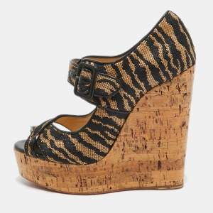 Christian Louboutin Black/Beige Canvas Melisa Cork Wedge Pumps Size 38