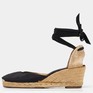 Christian Louboutin Black/Beige Canvas and Woven Jute Carino Plato Wedge Espadrille Sandals Size 41