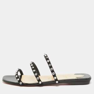 Christian Louboutin Black Suede Crystal Embellished Flat Slides Size 37.5