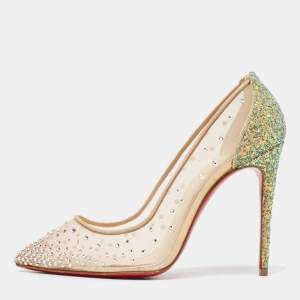 Christian Louboutin Beige/Metallic Mesh and Glitter Follies Strass Pumps Size 36