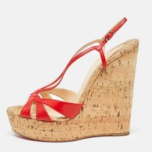 Christian Louboutin Red Leather Strappy Cork Wedge Sandals Size 40