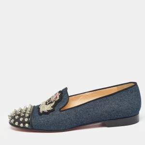 Christian Louboutin Blue Denim Spike Smoking Slippers Size 38.5